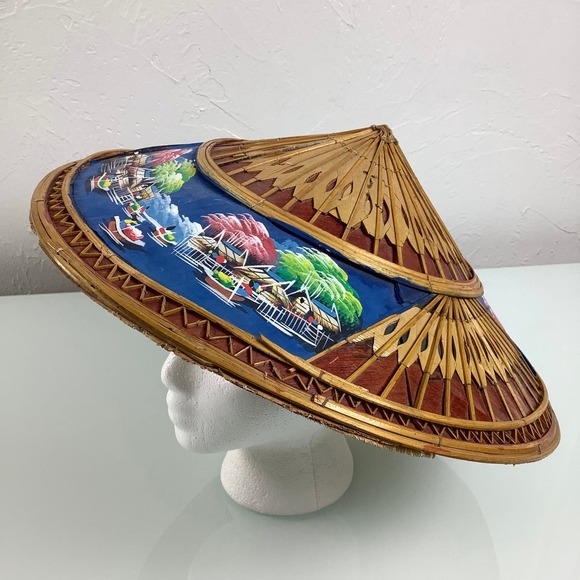 VTG Asian Wicker Bamboo Hat hand painted Gardening Beach Field Handmade SZ OSFM